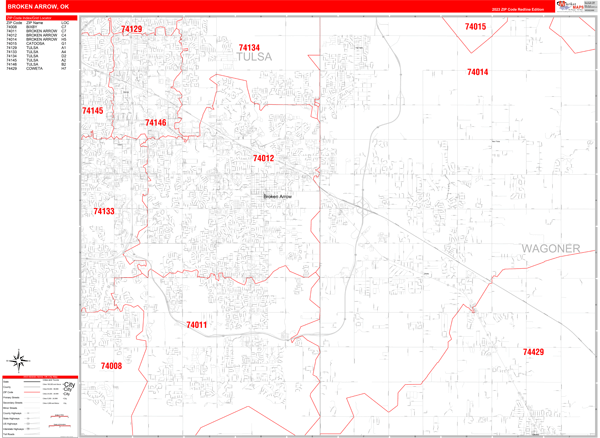 Broken Arrow City Wall Map Red Line Style